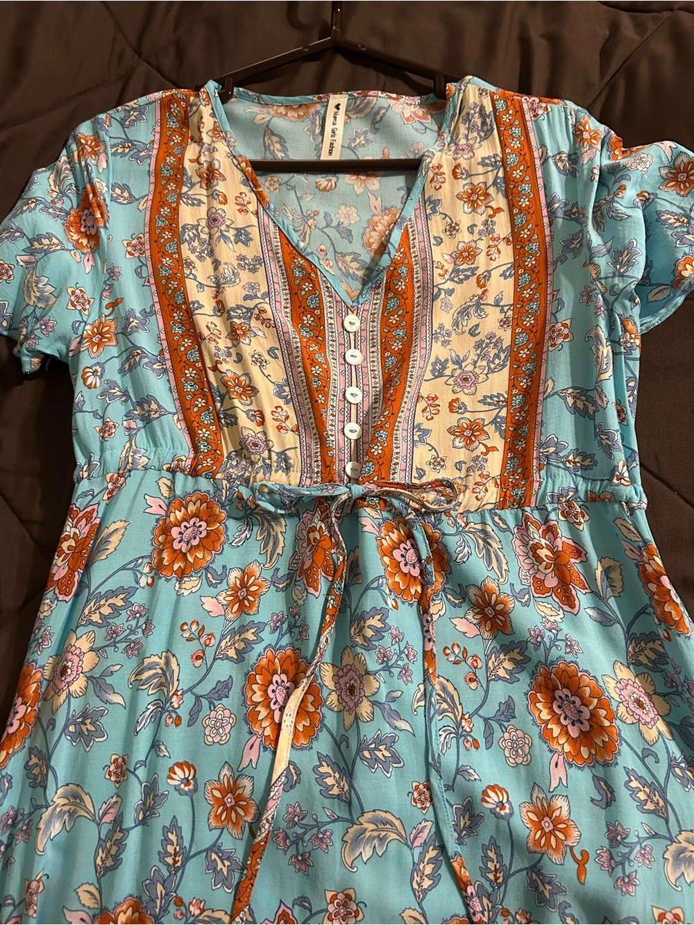 Numa Girls Fashion Boho Floral Midi Tie-Waist Dress in Aqua and Rust